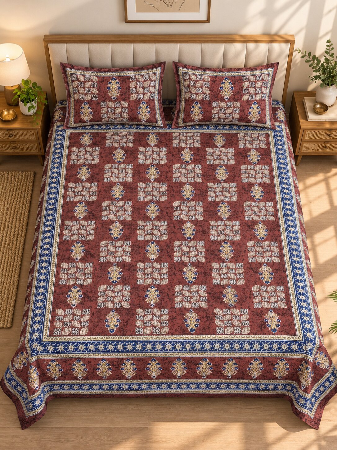 CROFF Maroon & Blue Traditional Jaipuri Print Pure Cotton King Size Bedsheet with 2 Pillow Covers