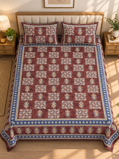 CROFF Maroon & Blue Traditional Jaipuri Print Pure Cotton King Size Bedsheet with 2 Pillow Covers