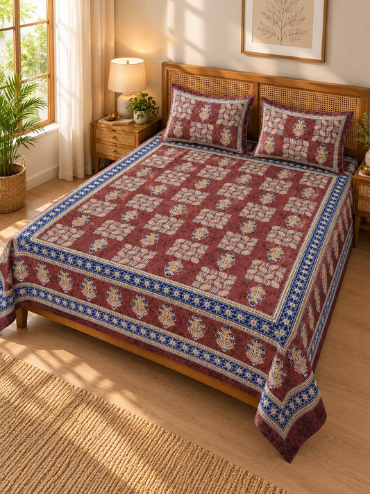 CROFF Maroon & Blue Traditional Jaipuri Print Pure Cotton King Size Bedsheet with 2 Pillow Covers