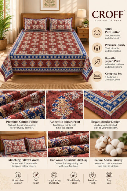 CROFF Maroon & Blue Traditional Jaipuri Print Pure Cotton King Size Bedsheet with 2 Pillow Covers