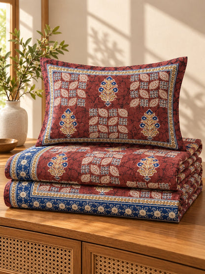 CROFF Maroon & Blue Traditional Jaipuri Print Pure Cotton King Size Bedsheet with 2 Pillow Covers