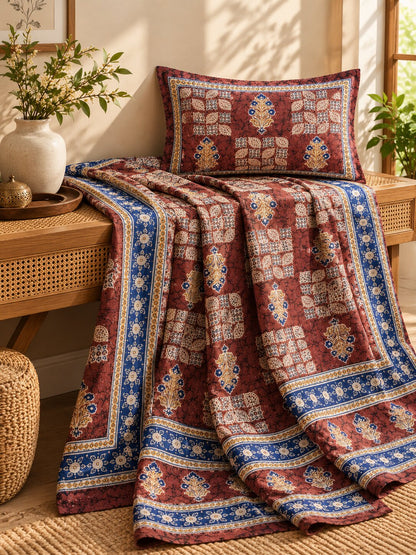 CROFF Maroon & Blue Traditional Jaipuri Print Pure Cotton King Size Bedsheet with 2 Pillow Covers