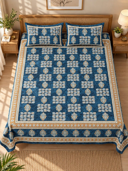 CROFF Navy Blue & Beige Traditional Jaipuri Print Pure Cotton King Size Bedsheet with 2 Pillow Covers