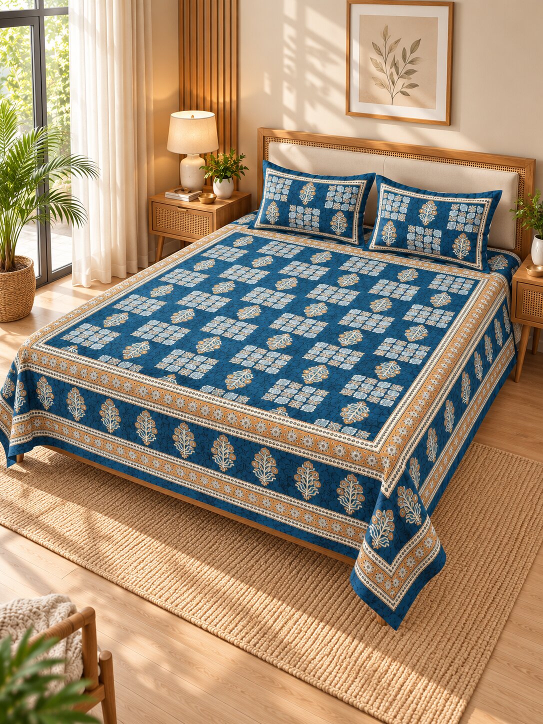 CROFF Navy Blue & Beige Traditional Jaipuri Print Pure Cotton King Size Bedsheet with 2 Pillow Covers