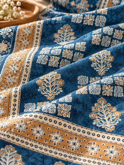 CROFF Navy Blue & Beige Traditional Jaipuri Print Pure Cotton King Size Bedsheet with 2 Pillow Covers