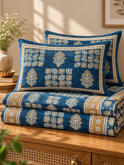CROFF Navy Blue & Beige Traditional Jaipuri Print Pure Cotton King Size Bedsheet with 2 Pillow Covers