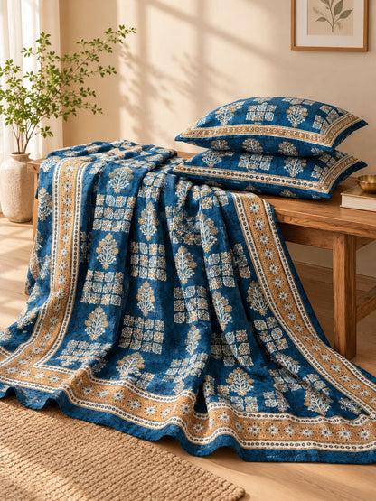 CROFF Navy Blue & Beige Traditional Jaipuri Print Pure Cotton King Size Bedsheet with 2 Pillow Covers