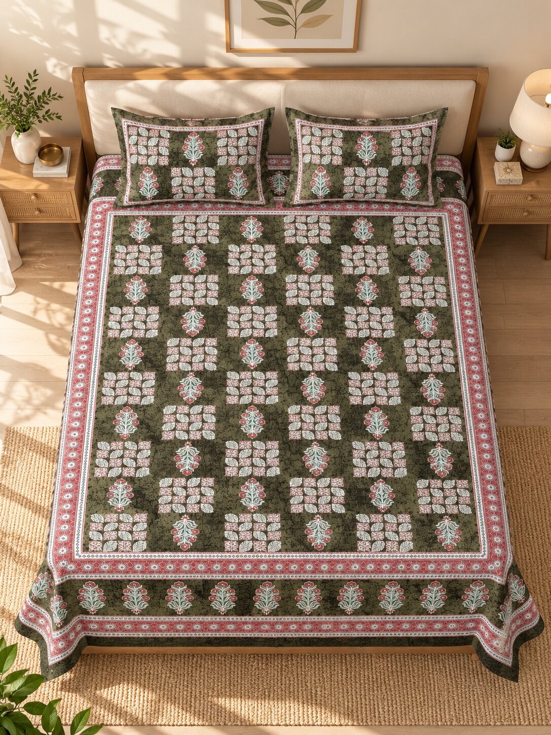 CROFF Olive Green & Pink Traditional Jaipuri Print Pure Cotton King Size Bedsheet with 2 Pillow Covers