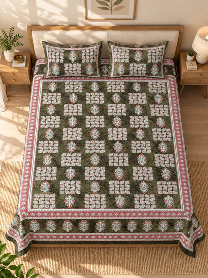 CROFF Olive Green & Pink Traditional Jaipuri Print Pure Cotton King Size Bedsheet with 2 Pillow Covers