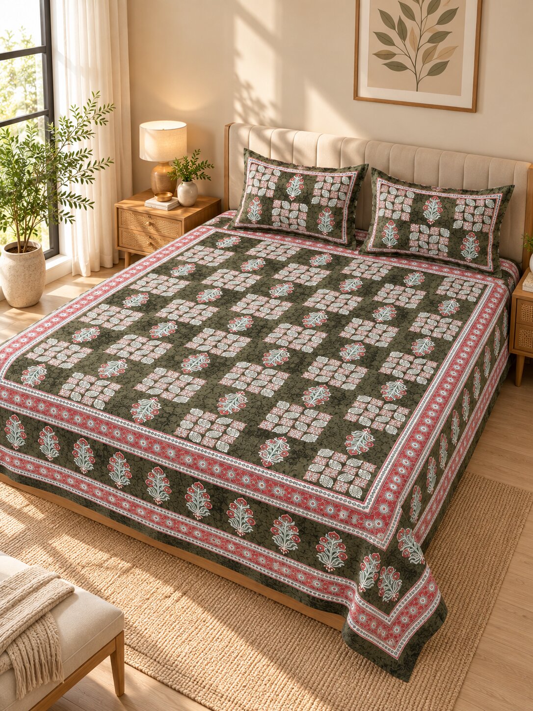 CROFF Olive Green & Pink Traditional Jaipuri Print Pure Cotton King Size Bedsheet with 2 Pillow Covers