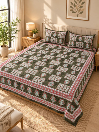 CROFF Olive Green & Pink Traditional Jaipuri Print Pure Cotton King Size Bedsheet with 2 Pillow Covers