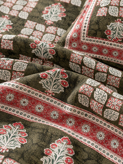 CROFF Olive Green & Pink Traditional Jaipuri Print Pure Cotton King Size Bedsheet with 2 Pillow Covers