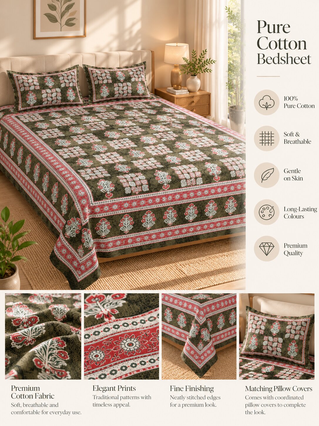 CROFF Olive Green & Pink Traditional Jaipuri Print Pure Cotton King Size Bedsheet with 2 Pillow Covers