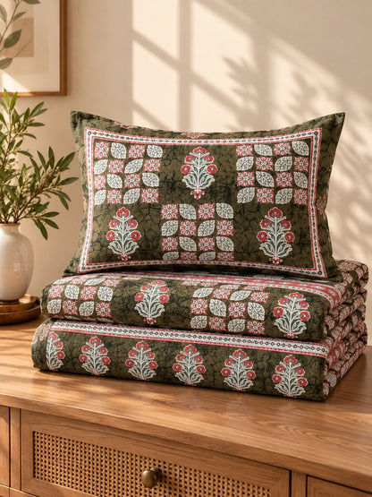 CROFF Olive Green & Pink Traditional Jaipuri Print Pure Cotton King Size Bedsheet with 2 Pillow Covers