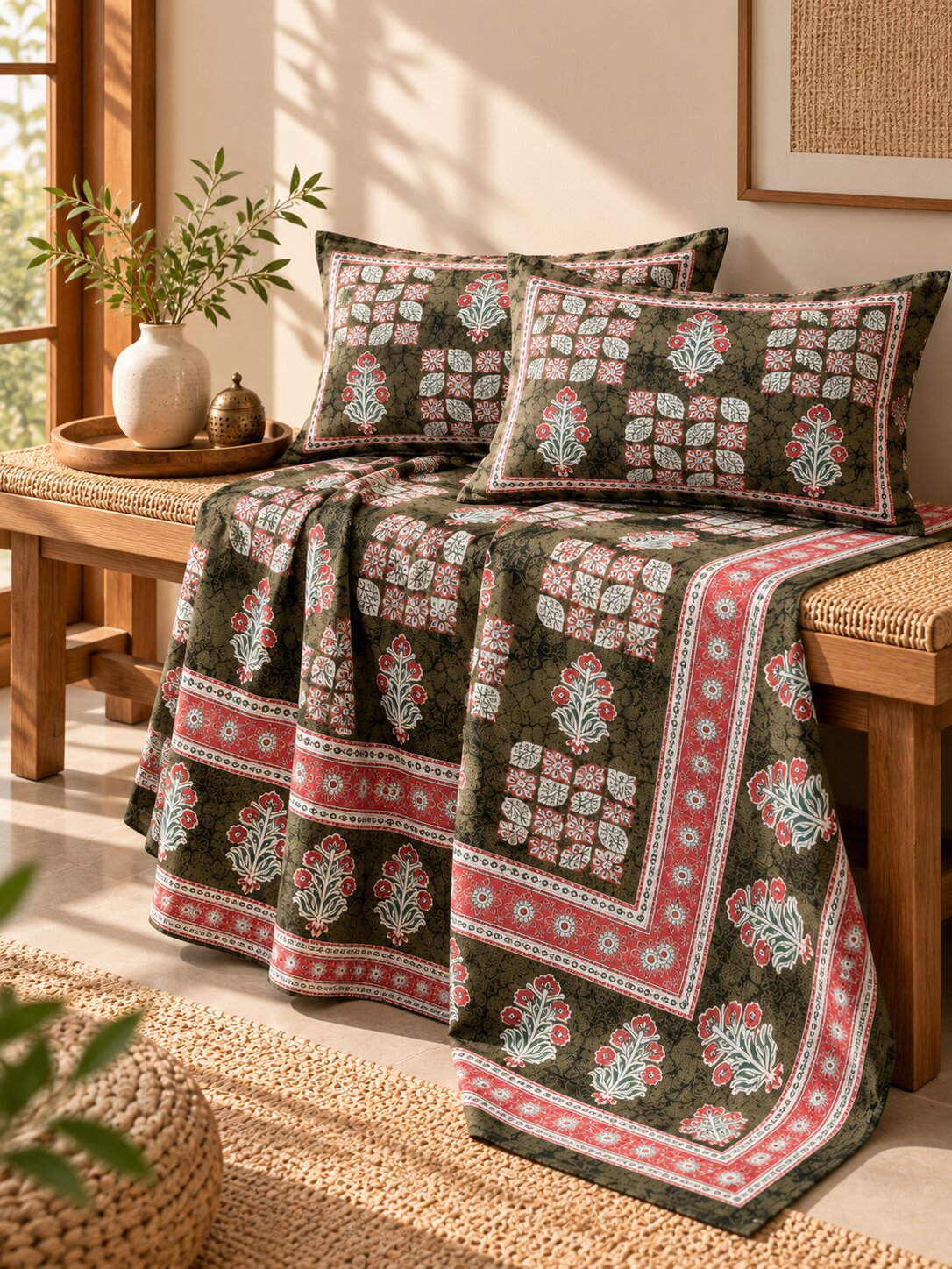 CROFF Olive Green & Pink Traditional Jaipuri Print Pure Cotton King Size Bedsheet with 2 Pillow Covers