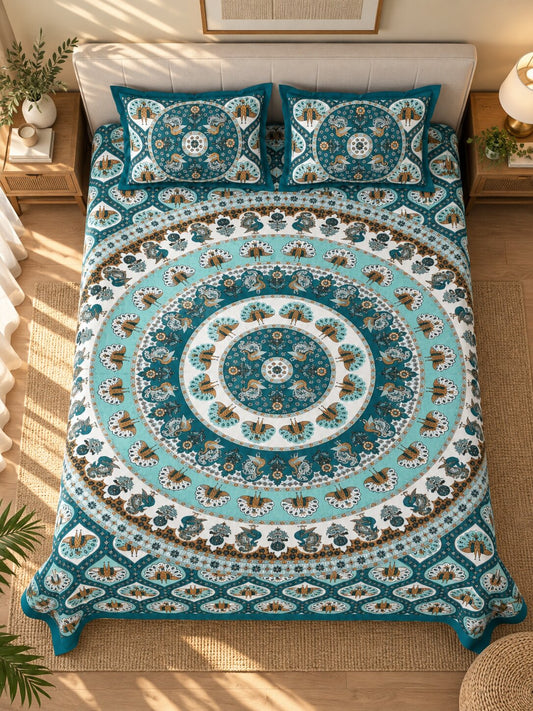 CROFF Teal Blue Traditional Mandala Print Pure Cotton King Size Bedsheet with 2 Pillow Covers