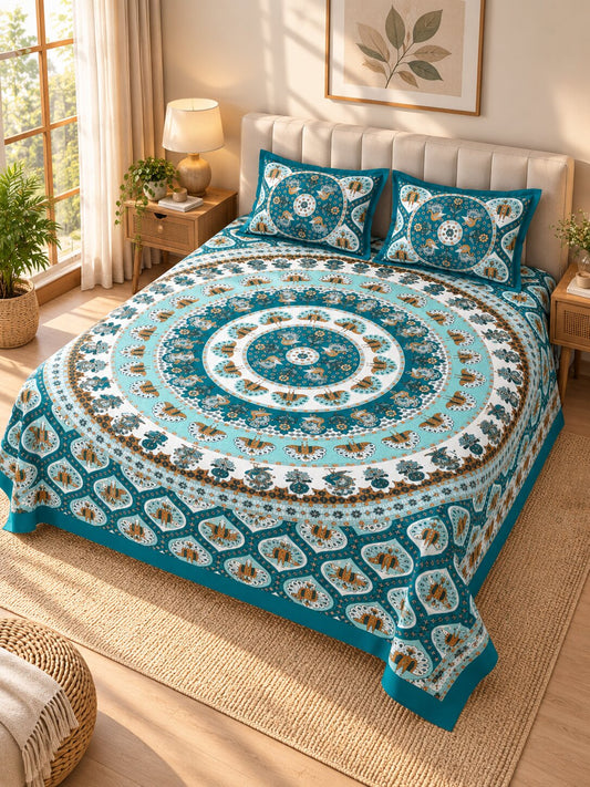 CROFF Teal Blue Traditional Mandala Print Pure Cotton King Size Bedsheet with 2 Pillow Covers