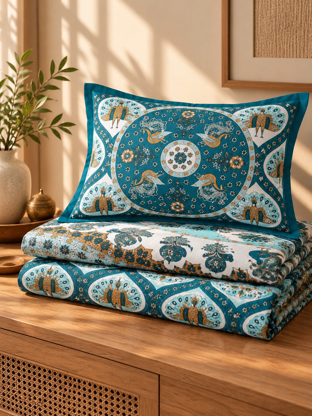 CROFF Teal Blue Traditional Mandala Print Pure Cotton King Size Bedsheet with 2 Pillow Covers