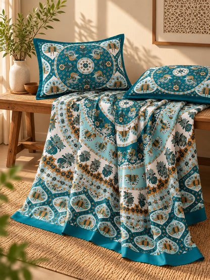 CROFF Teal Blue Traditional Mandala Print Pure Cotton King Size Bedsheet with 2 Pillow Covers