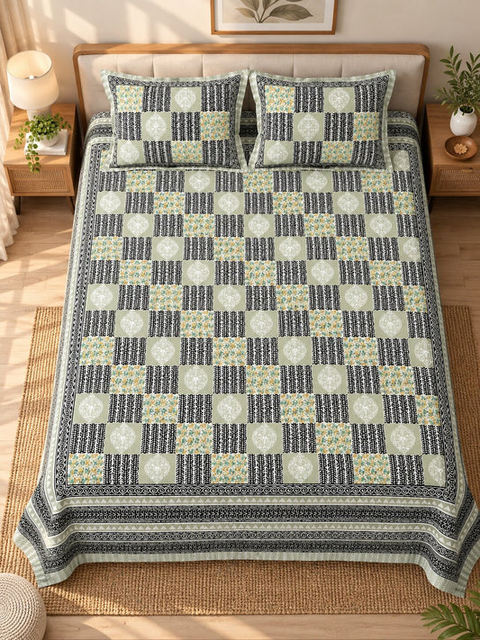 CROFF Sage Green & Black Geometric Patchwork Print Pure Cotton King Size Bedsheet with 2 Pillow Covers