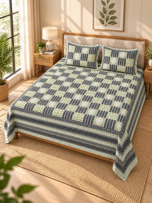 CROFF Sage Green & Black Geometric Patchwork Print Pure Cotton King Size Bedsheet with 2 Pillow Covers