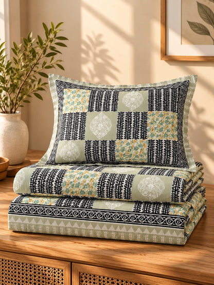 CROFF Sage Green & Black Geometric Patchwork Print Pure Cotton King Size Bedsheet with 2 Pillow Covers