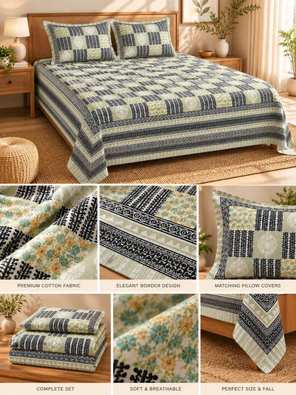 CROFF Sage Green & Black Geometric Patchwork Print Pure Cotton King Size Bedsheet with 2 Pillow Covers
