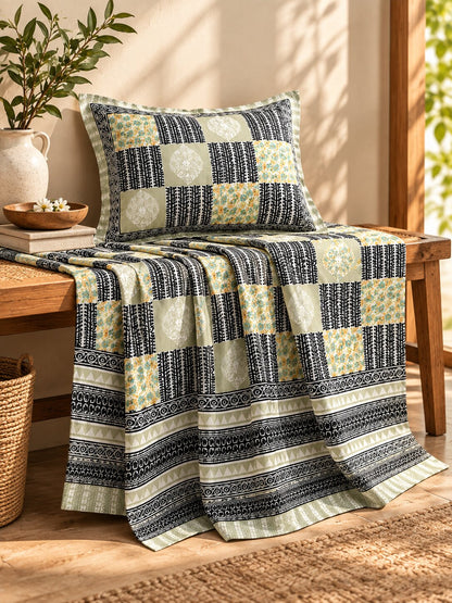 CROFF Sage Green & Black Geometric Patchwork Print Pure Cotton King Size Bedsheet with 2 Pillow Covers