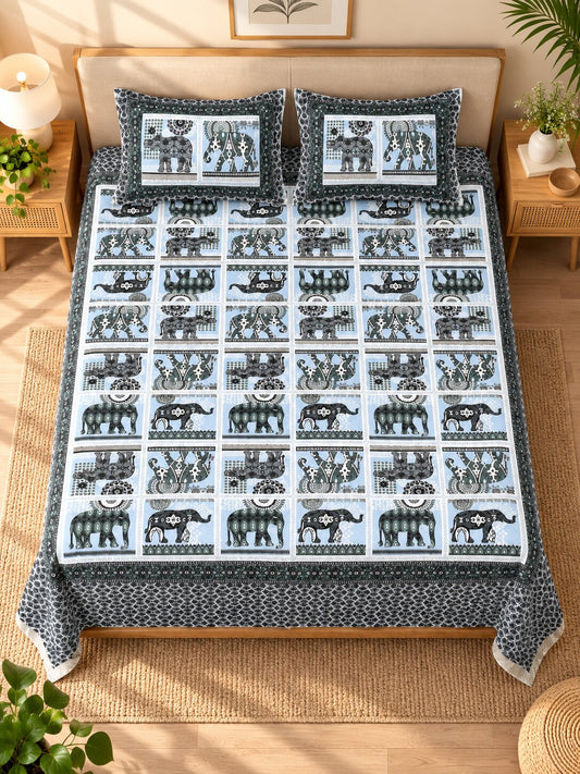 CROFF Black & Blue Ethnic Elephant Print Pure Cotton King Size Bedsheet with 2 Pillow Covers