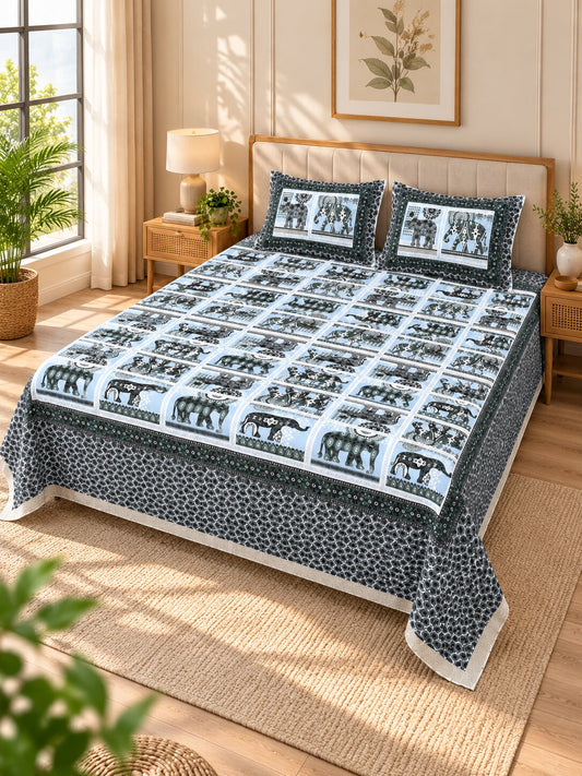CROFF Black & Blue Ethnic Elephant Print Pure Cotton King Size Bedsheet with 2 Pillow Covers