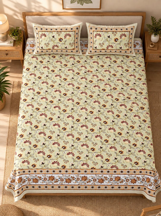 CROFF Premium Pure Cotton Jaipuri Floral Print Double Bedsheet with 2 Pillow Covers – Cream