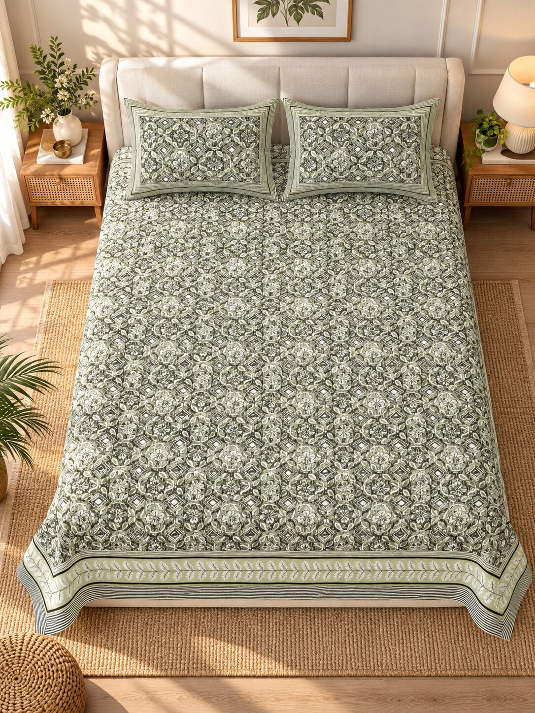 CROFF Premium Pure Cotton Jaipuri Print King Size Bedsheet with 2 Pillow Covers – Sage Green & Ivory