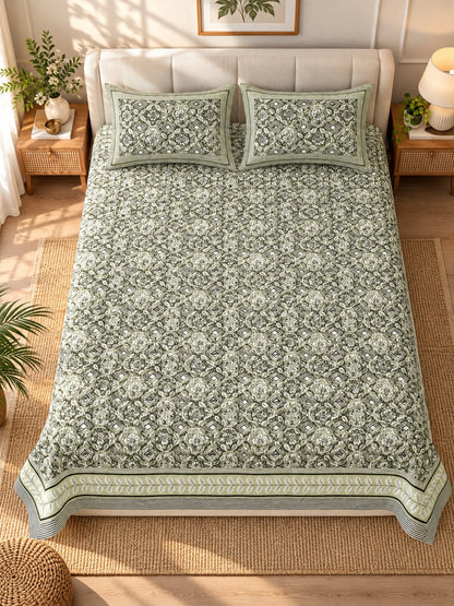 CROFF Premium Pure Cotton Jaipuri Print King Size Bedsheet with 2 Pillow Covers – Sage Green & Ivory