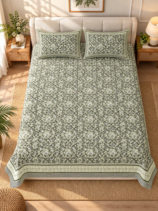 CROFF Premium Pure Cotton Jaipuri Print King Size Bedsheet with 2 Pillow Covers – Sage Green & Ivory