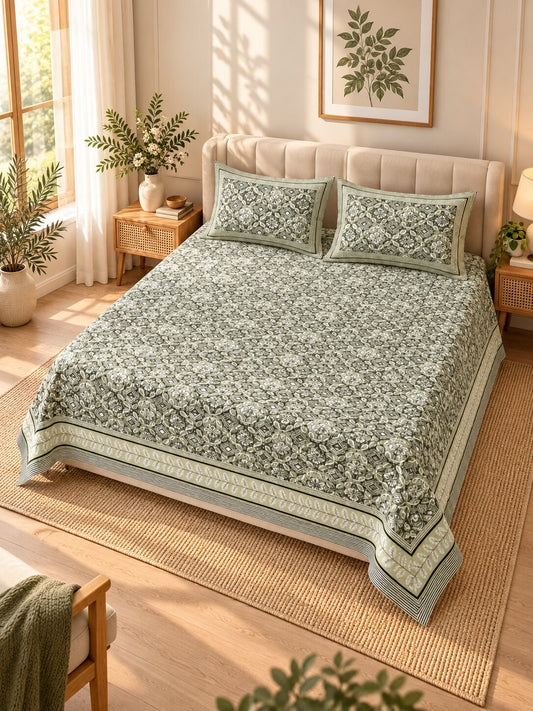 CROFF Premium Pure Cotton Jaipuri Print King Size Bedsheet with 2 Pillow Covers – Sage Green & Ivory