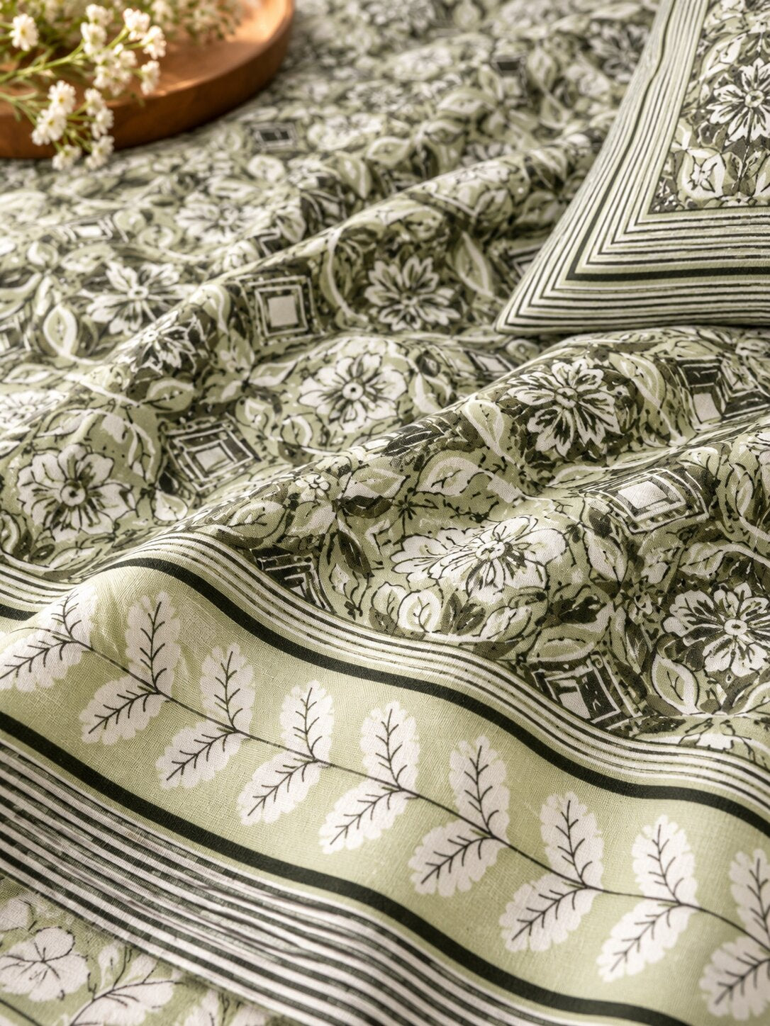 CROFF Premium Pure Cotton Jaipuri Print King Size Bedsheet with 2 Pillow Covers – Sage Green & Ivory