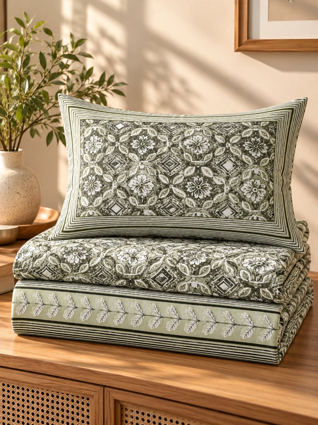 CROFF Premium Pure Cotton Jaipuri Print King Size Bedsheet with 2 Pillow Covers – Sage Green & Ivory