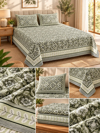 CROFF Premium Pure Cotton Jaipuri Print King Size Bedsheet with 2 Pillow Covers – Sage Green & Ivory