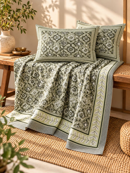 CROFF Premium Pure Cotton Jaipuri Print King Size Bedsheet with 2 Pillow Covers – Sage Green & Ivory
