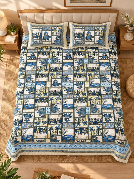 CROFF Premium Pure Cotton Jaipuri Patchwork Print King Size Bedsheet with 2 Pillow Covers – Blue & Ivory