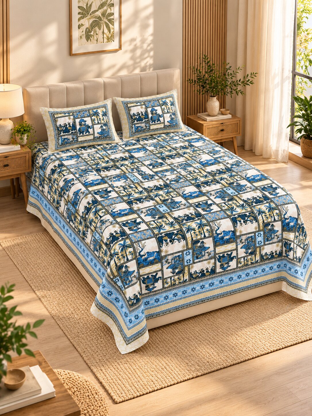 CROFF Premium Pure Cotton Jaipuri Patchwork Print King Size Bedsheet with 2 Pillow Covers – Blue & Ivory