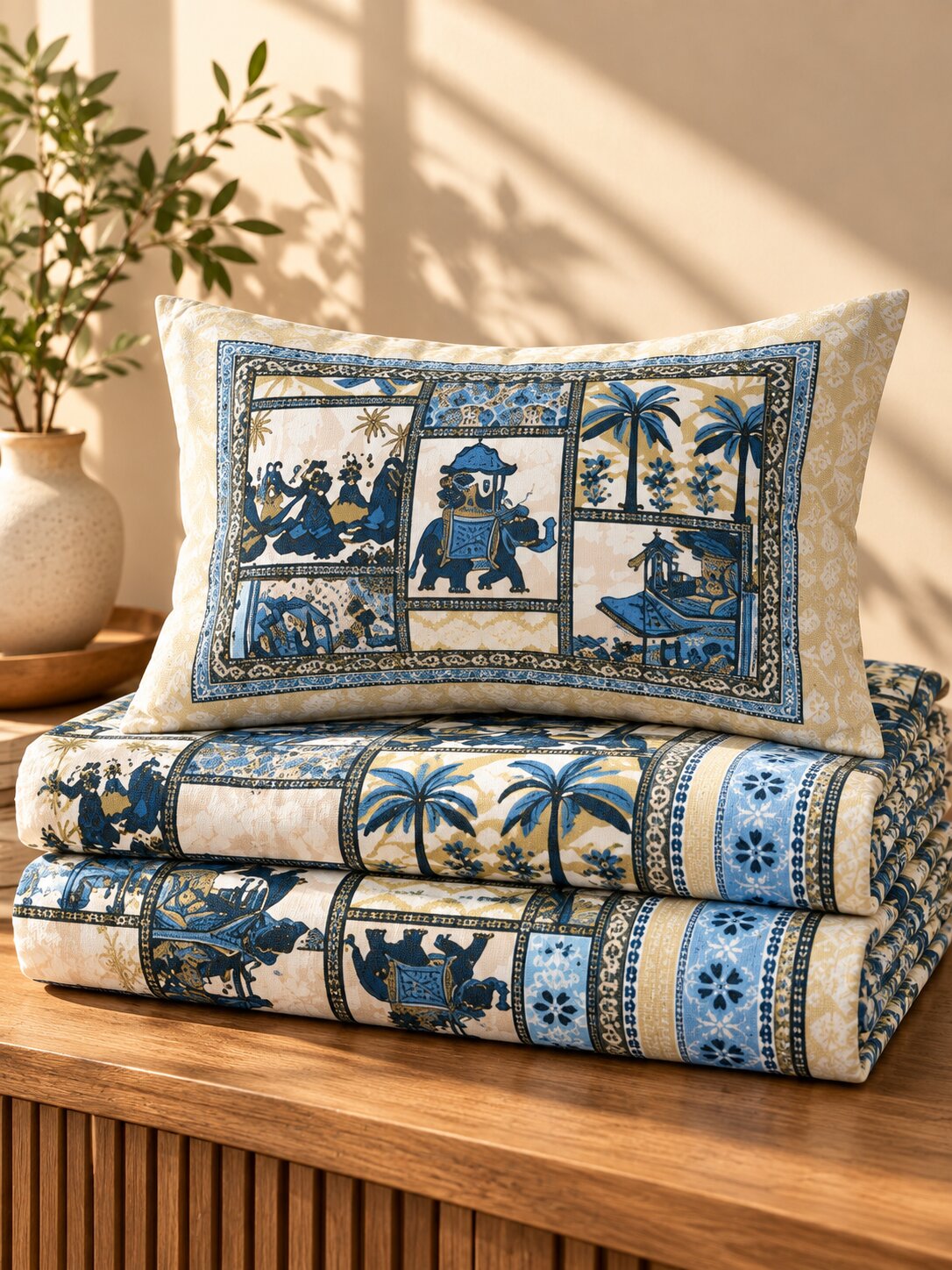 CROFF Premium Pure Cotton Jaipuri Patchwork Print King Size Bedsheet with 2 Pillow Covers – Blue & Ivory