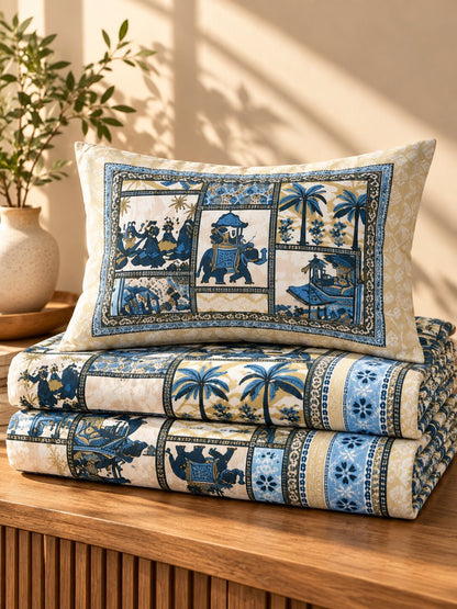 CROFF Premium Pure Cotton Jaipuri Patchwork Print King Size Bedsheet with 2 Pillow Covers – Blue & Ivory