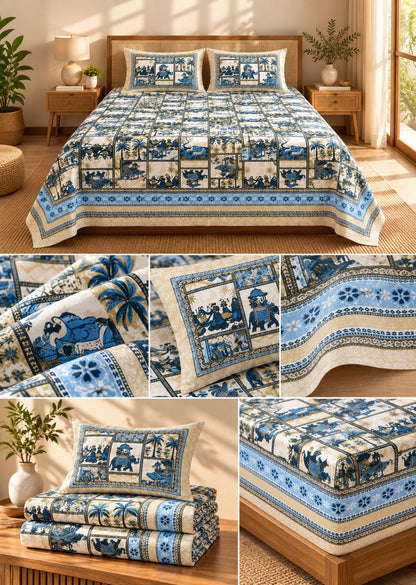 CROFF Premium Pure Cotton Jaipuri Patchwork Print King Size Bedsheet with 2 Pillow Covers – Blue & Ivory