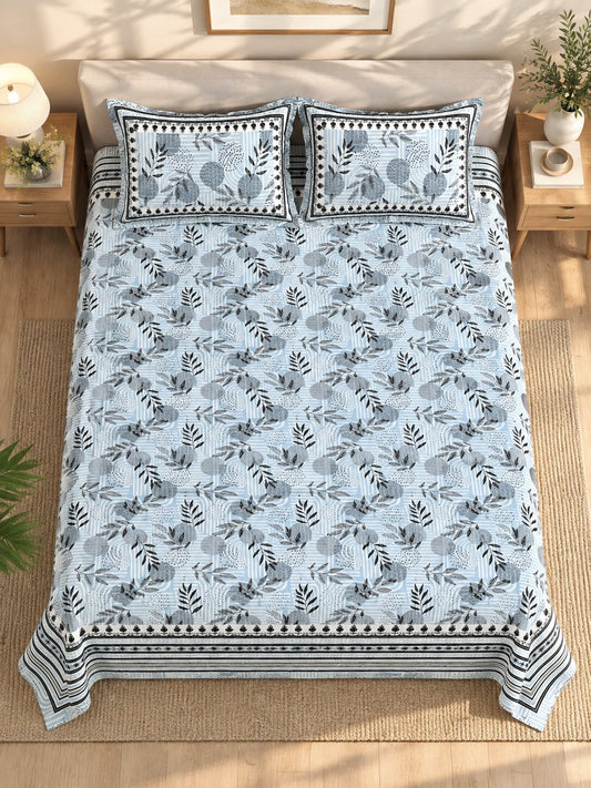 CROFF Pure Cotton Blue & Grey Botanical Printed King Size Bedsheet with 2 Pillow Covers