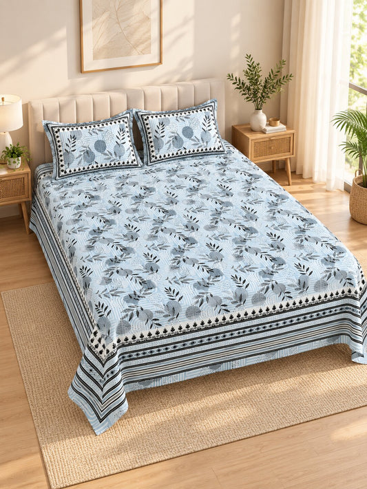 CROFF Pure Cotton Blue & Grey Botanical Printed King Size Bedsheet with 2 Pillow Covers